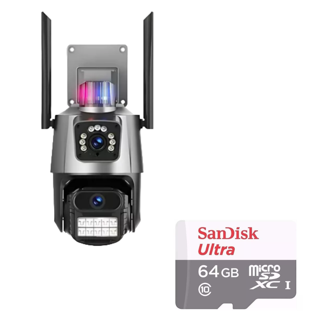 Câmera De Segurança Externa Lente Dupla 4k LED Sirene Policial Cartão 64gb