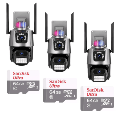 Kit 3 Câmera De Segurança Externa Lente Dupla 4k LED Sirene Policial Cartão 64gb