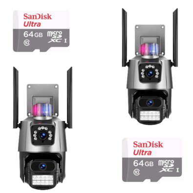 Kit 2 Câmera De Segurança Externa Lente Dupla 4k LED Sirene Policial Cartão 64gb