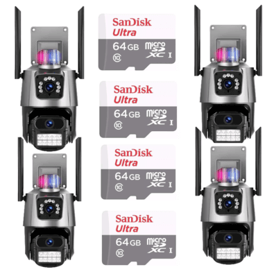 Kit 4 Câmera De Segurança Externa Lente Dupla 4k LED Sirene Policial Cartão 64gb