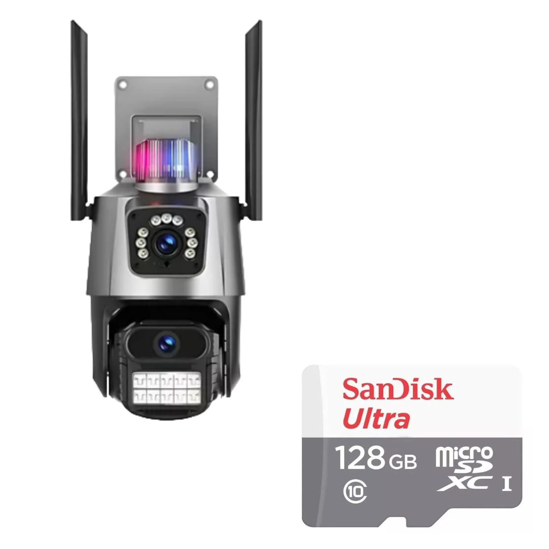 Câmera De Segurança Externa Lente Dupla 4k LED Sirene Policial Cartão 128GB