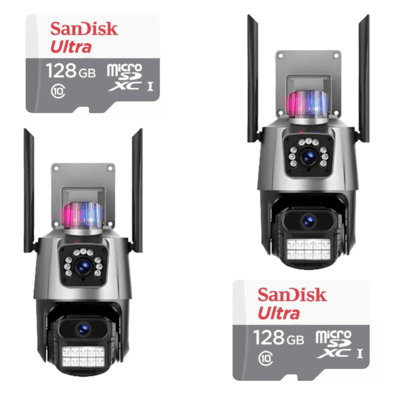 Kit 2 Câmera De Segurança Externa Lente Dupla 4k LED Sirene Policial Cartão 128GB