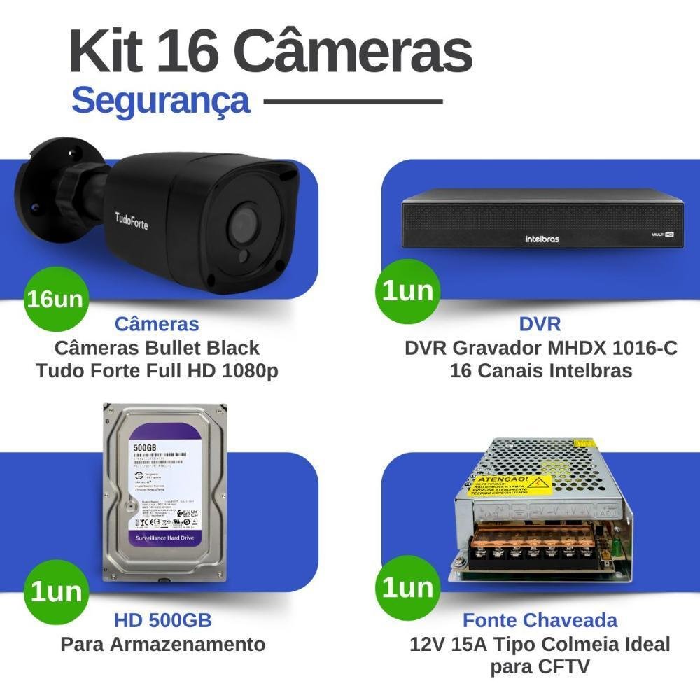 Imagem 2 de 5 do produto Kit 16 Câmeras Bullet Tf 2020 B Black Tudo Forte Full Hd 1080p Visão Noturna 20m Proteção Ip66 + Dvr Intelbras Mhdx 1016-c 16 Canais + Hd 500gb