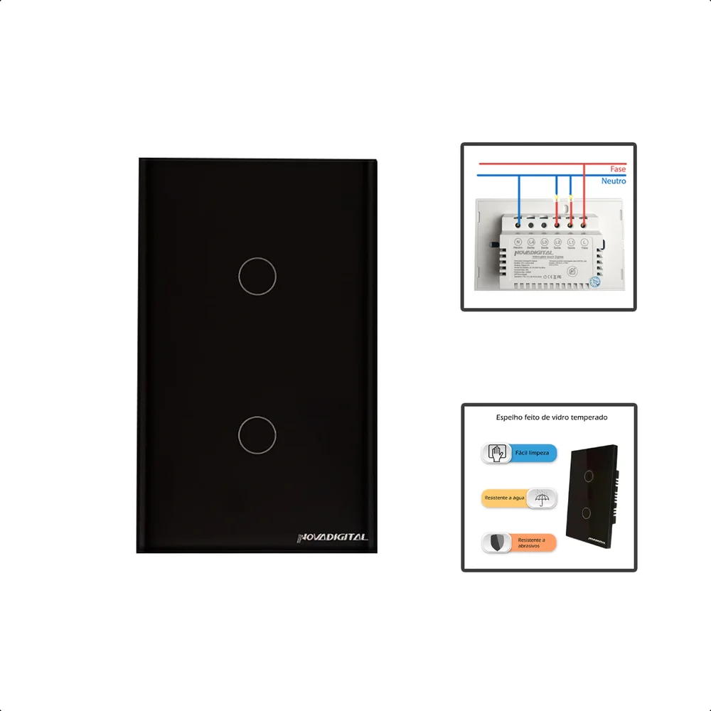 Interruptor Zigbee Touch 2 Botões Inteligente 4x2 - Preto
