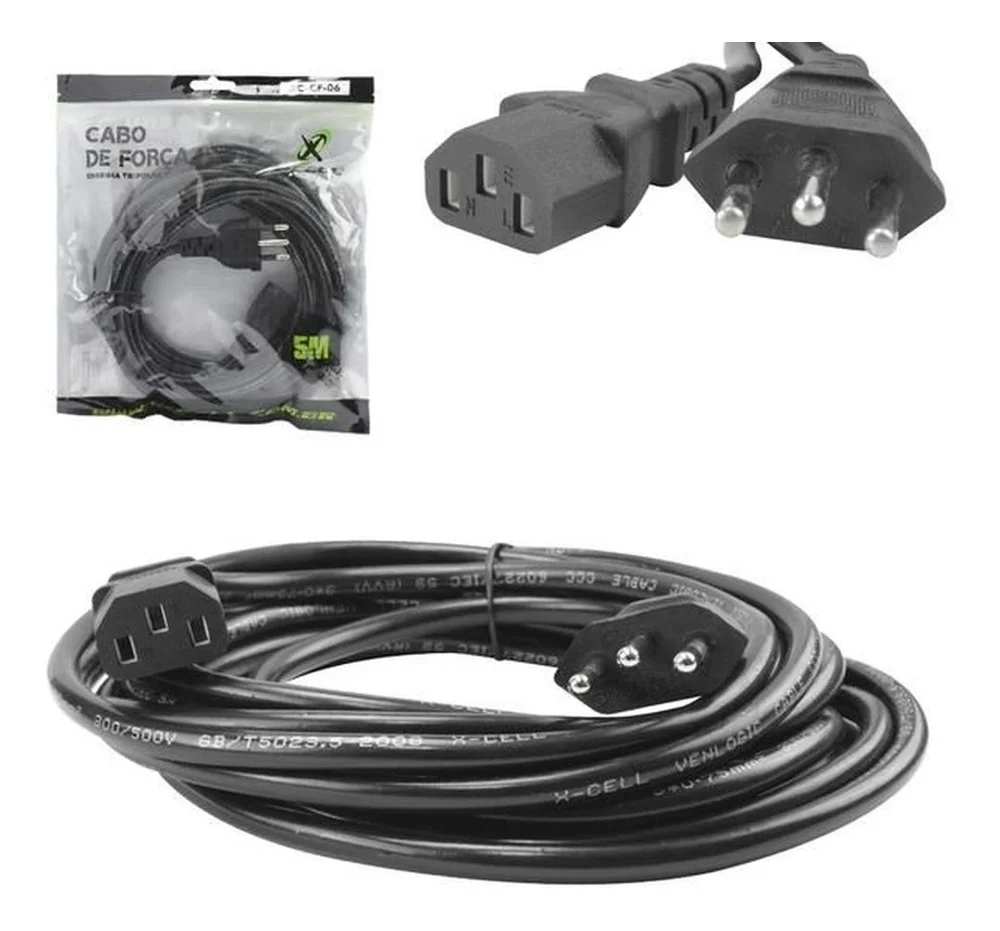 Imagem 2 de 2 do produto Cabo De Força Energia 5 Metros Tripolar Fonte PC Reforçado 110v/220v X-cell Xc-cf-06