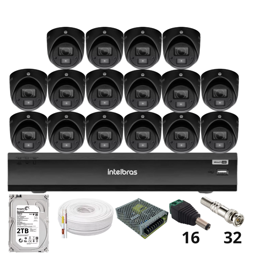 Kit 16 Câmeras Intelbras 3220d Mini Black Com Áudio Dvr Intelbras Imhdx 3132 Inteligência Artificial Hd 2TB