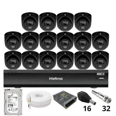 Kit 16 Câmeras Intelbras 3220d Mini Black Com Áudio Dvr Intelbras Imhdx 3132 Inteligência Artificial Hd 2TB