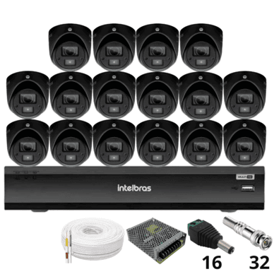 Kit 16 Câmeras Intelbras 3220d Mini Black Com Áudio Dvr Intelbras Imhdx 3132 Inteligência Artificial Sem Hd