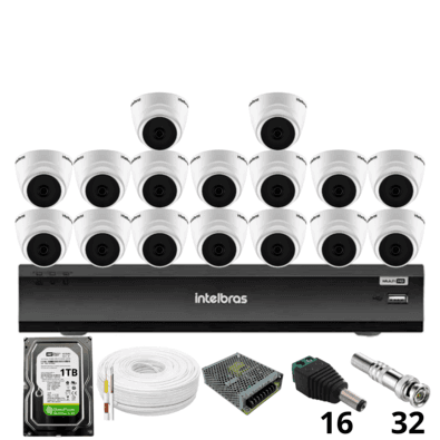 Kit 16 Câmeras Intelbras 1220 D Mic 1080p Com Microfone Dvr Intelbras Imhdx 3132 Inteligência Artificial Hd 1TB