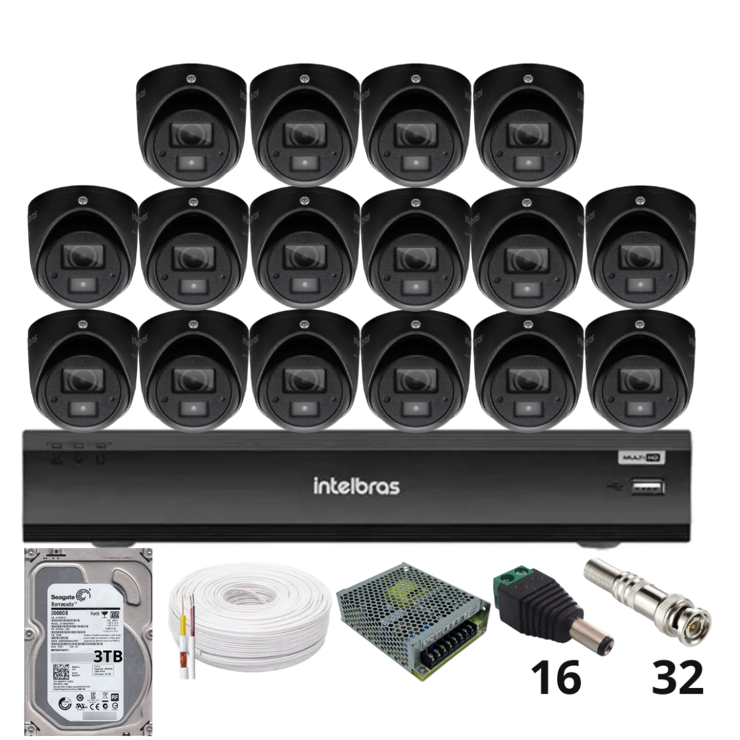 Kit 16 Câmeras Intelbras 3220d Mini Black Com Áudio Dvr Intelbras Imhdx 3132 Inteligência...