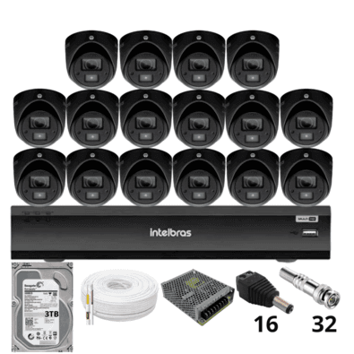 Kit 16 Câmeras Intelbras 3220d Mini Black Com Áudio Dvr Intelbras Imhdx 3132 Inteligência Artificial Hd 3TB