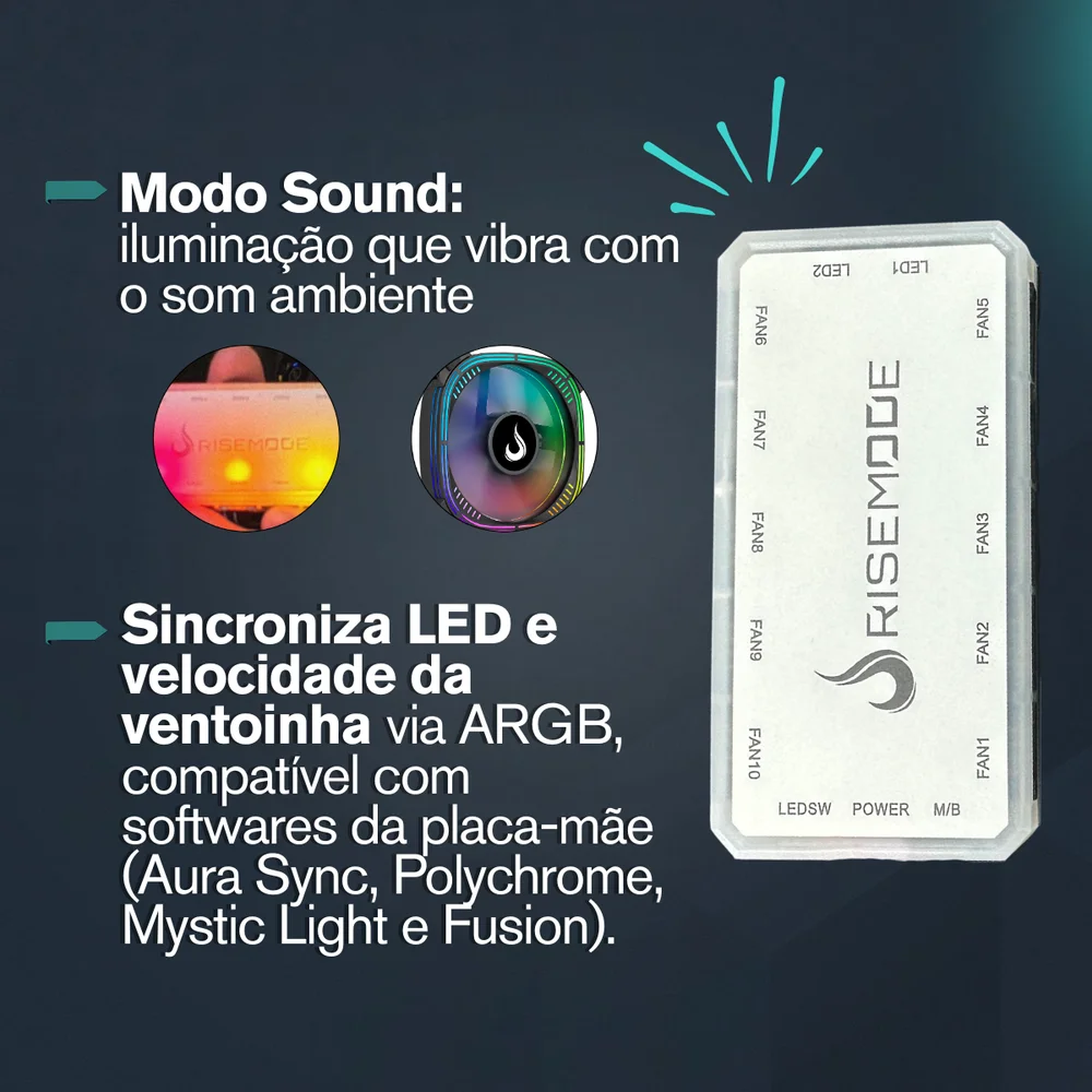 Imagem 4 de 5 do produto Controladora Gamer Para Cooler Rise Mode Sound ARGB 6p 10 Fans - Rm-cos-aRGB