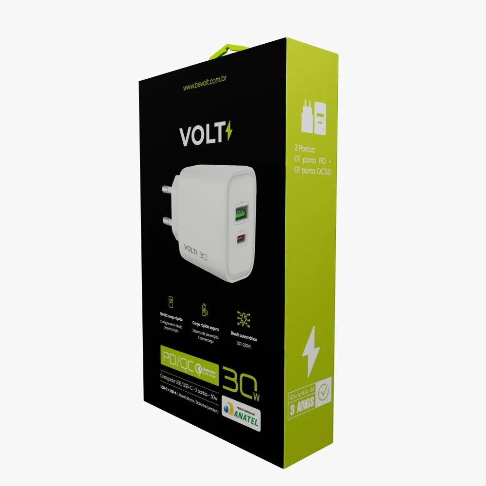 Imagem 2 de 4 do produto Carregador 30w Com 1 Usb E 1 Usb-c Volt Branco