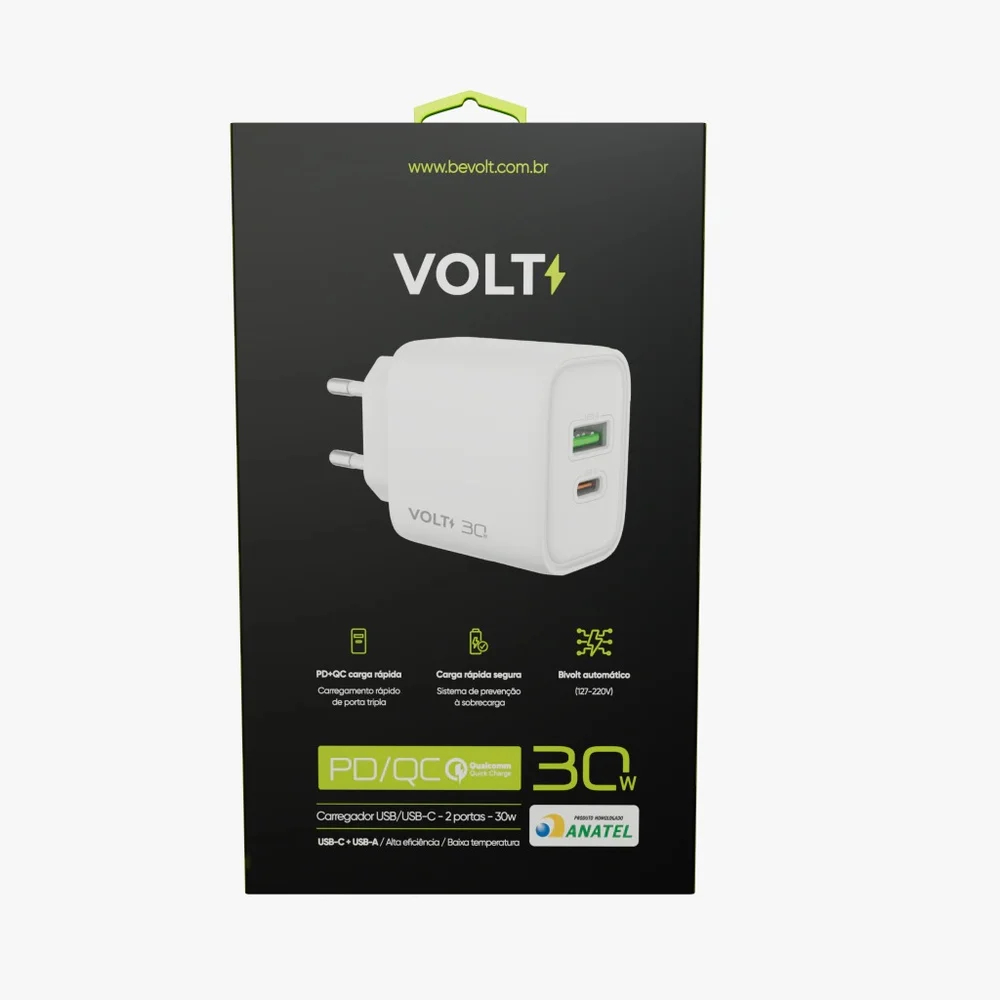 Imagem 3 de 4 do produto Carregador 30w Com 1 Usb E 1 Usb-c Volt Branco