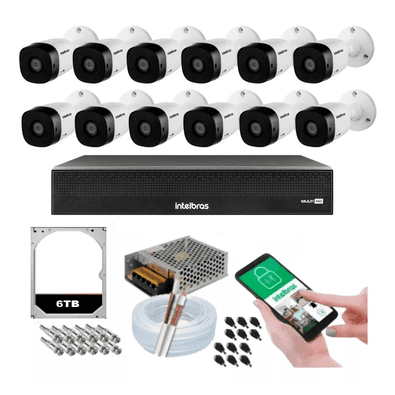Kit Intelbras, 12 Câmeras Segurança Intelbras 1120b + Dvr 16 Canais, Mhdx 6TB