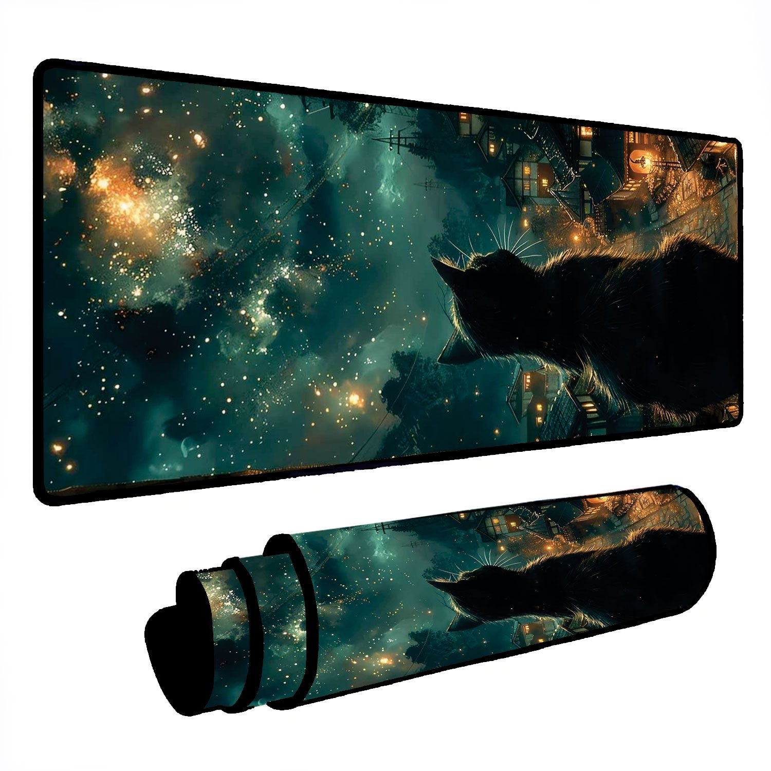 Mouse Pad Gamer Speed Extra Grande Desk Pad Profissional Premium Com Borda Costurada 60x30 - Gato Estrelas