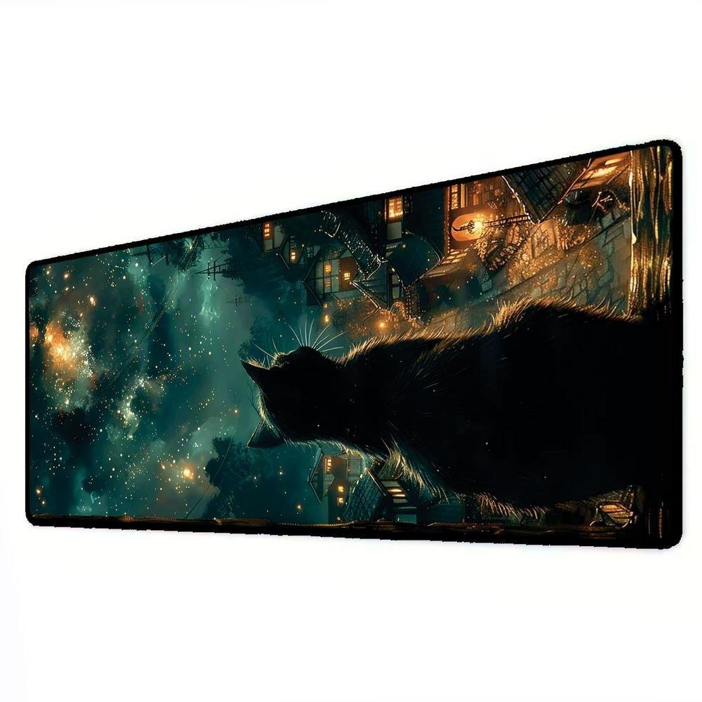 Imagem 3 de 3 do produto Mouse Pad Gamer Speed Extra Grande Desk Pad Profissional Premium Com Borda Costurada 90x50 - Gato Estrelas