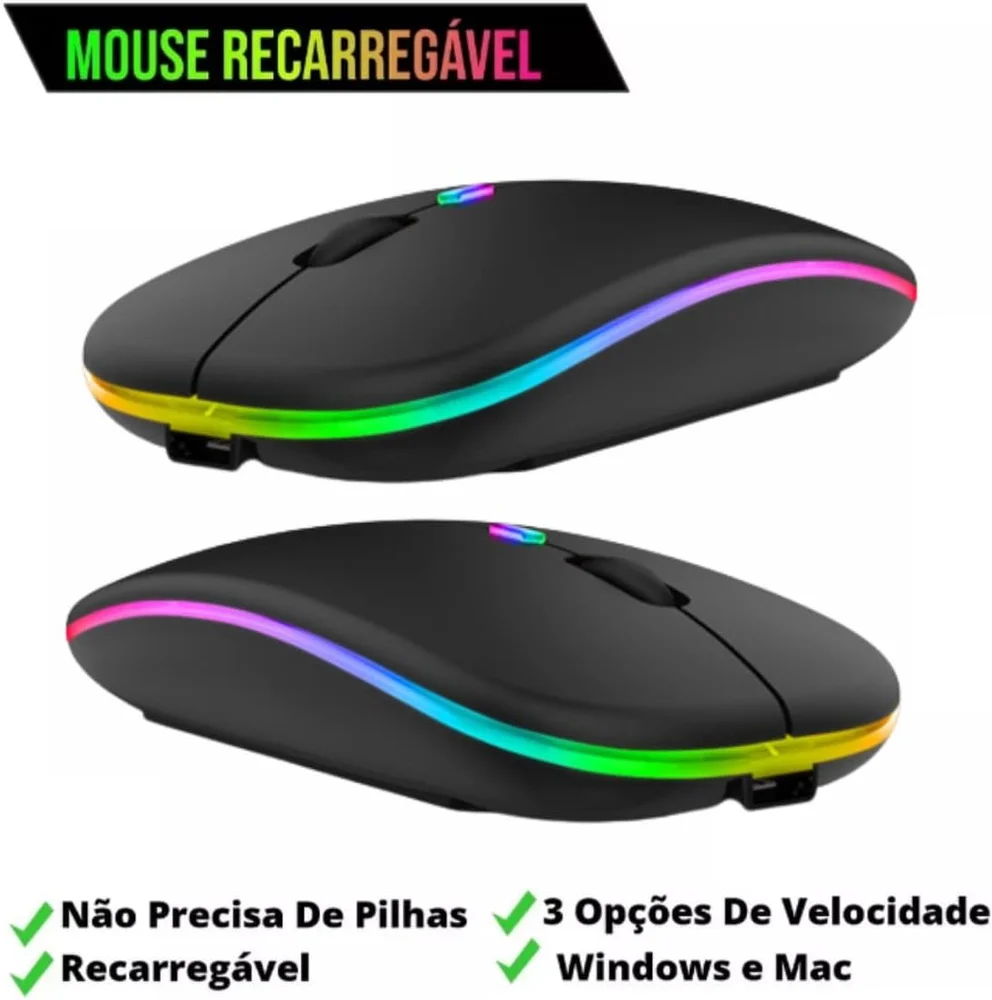 Imagem 2 de 5 do produto Mouse Bluetooth RGB Bateria Interna Recarregável Longa Duração Preto