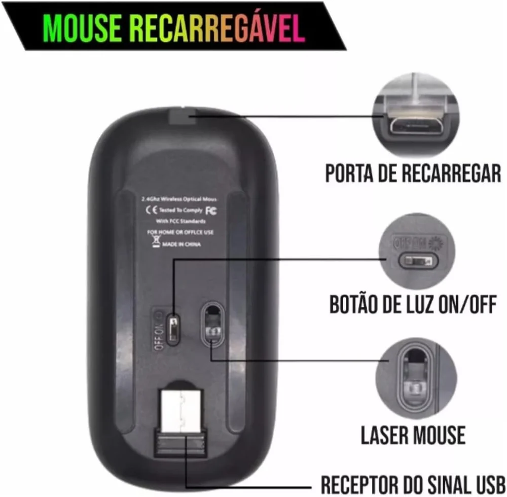 Imagem 4 de 5 do produto Mouse Bluetooth RGB Bateria Interna Recarregável Longa Duração Preto
