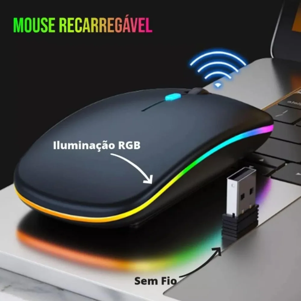 Imagem 5 de 5 do produto Mouse Bluetooth RGB Bateria Interna Recarregável Longa Duração Preto