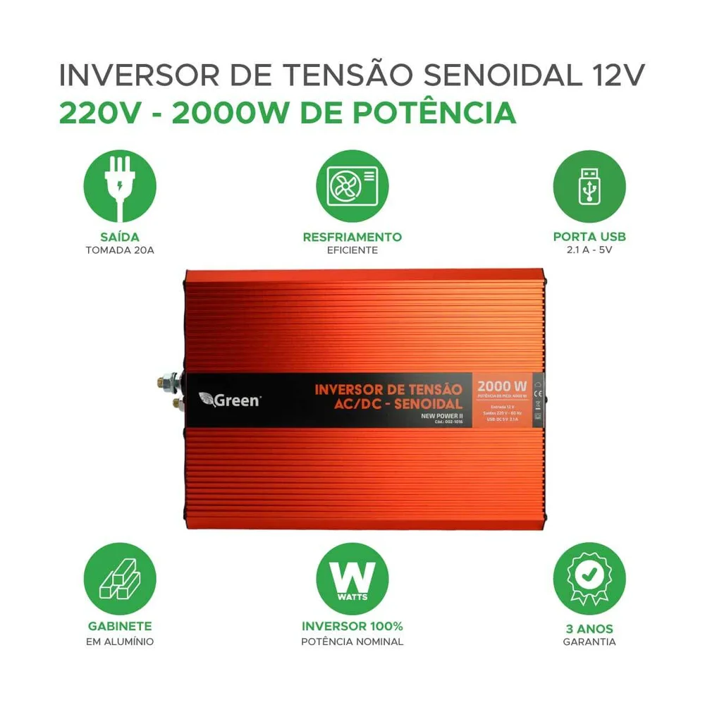 Imagem 2 de 5 do produto Inversor De Tensão Senoidal 2000w 12v P/ 220v Tomada C/ Usb