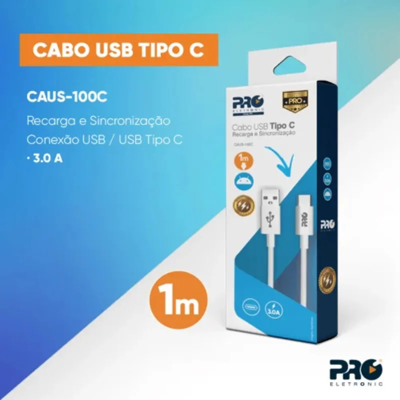 Imagem 3 de 3 do produto Cabo De Dados E Carregamento Usb C 3a 1 Metro Pro Eletronic Causb-100c