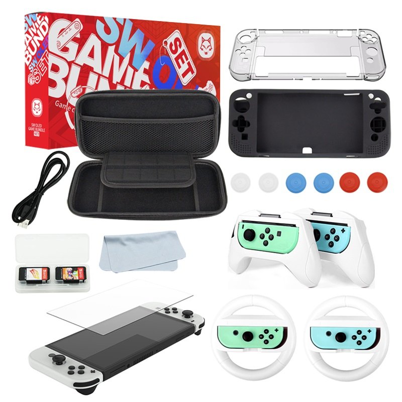 Kit Acessórios Nintendo Switch OLED 16 Em 1 - Case Capa Película Grips Volante Fone