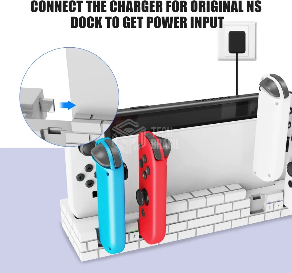 Imagem 3 de 5 do produto Dock Base Estação De Carregamento Para 4 Controle Joy-con De Nintendo Switch Lite OLED - Armazenamento Para 8 Jogos Bran