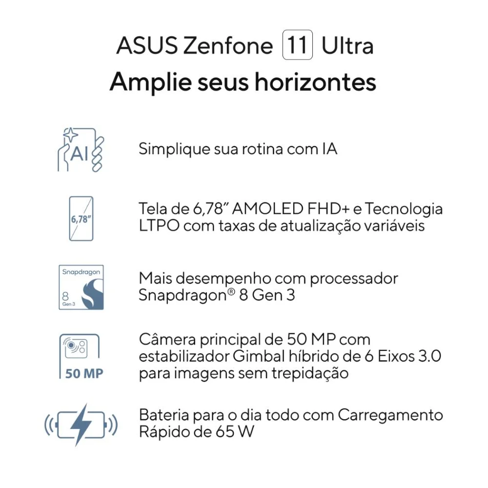 Imagem 3 de 5 do produto Smartphone Asus Zenfone 11 Ultra Snapdragon 8 Gen3 5g 256gb 12gb Ram Tela 6,78" AmoLED Câm Tripla+self 32mp Black