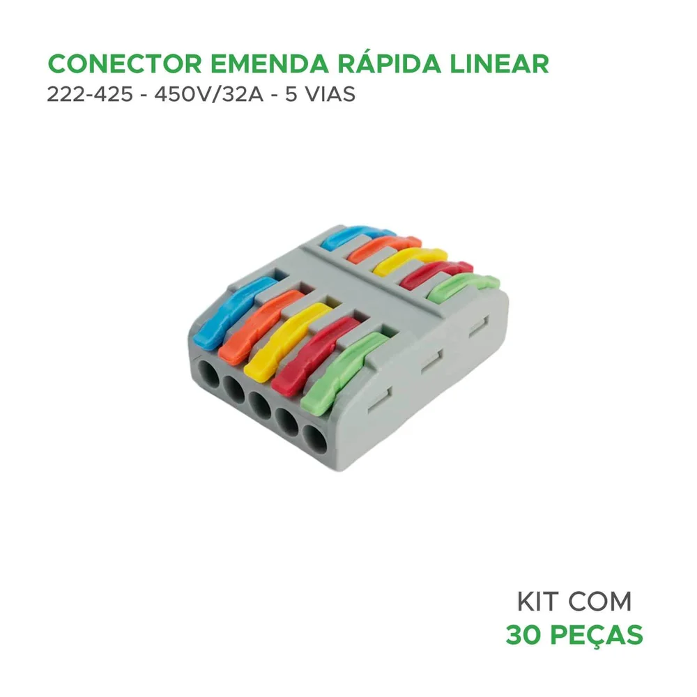 Imagem 2 de 3 do produto 30x Conector Linear 222-425 5 Vias 32a/450v Emenda Rápida