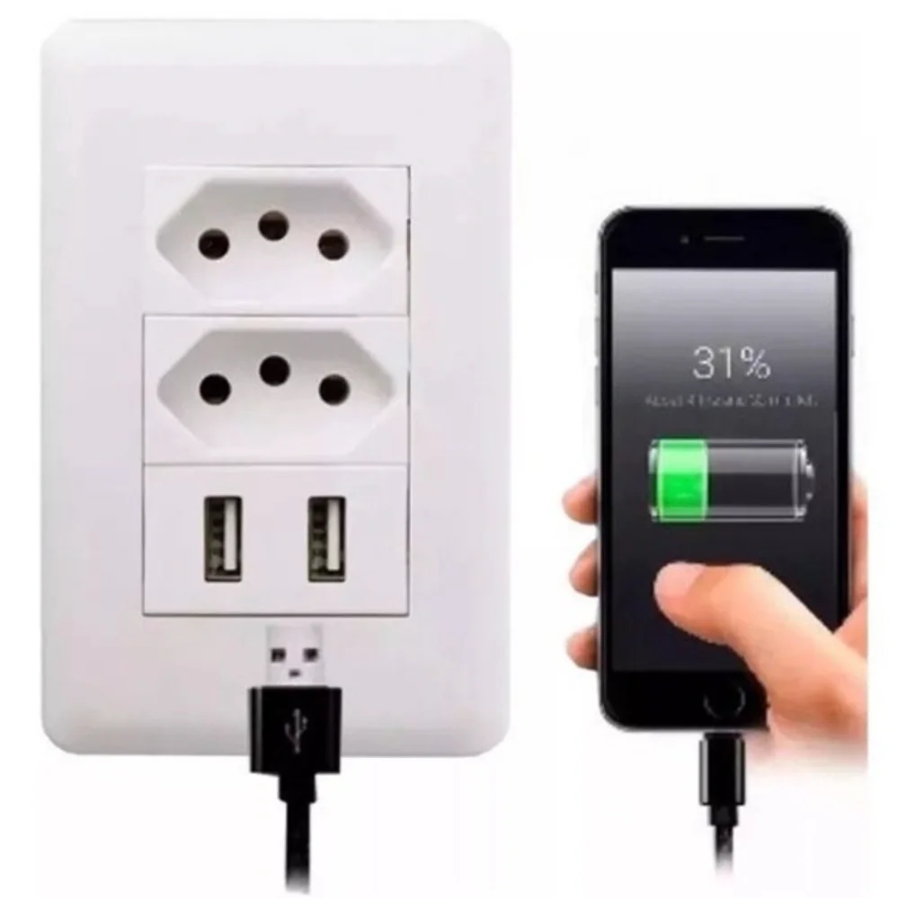 Imagem 2 de 3 do produto Tomada Dupla de Parede com 2 Portas Carregador Usb