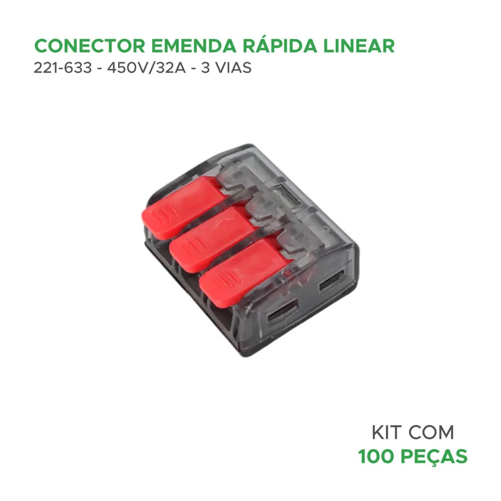 Imagem 2 de 3 do produto 100x Conector Linear 221-633 3 Vias 32a/450v Emenda Rápida