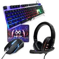 Kit gamer com teclado, mouse, headset e mouse pad, ideal para jogos.    O teclado possui 104 teclas, switch de 8 milhões de cliques, luz de fundo mist