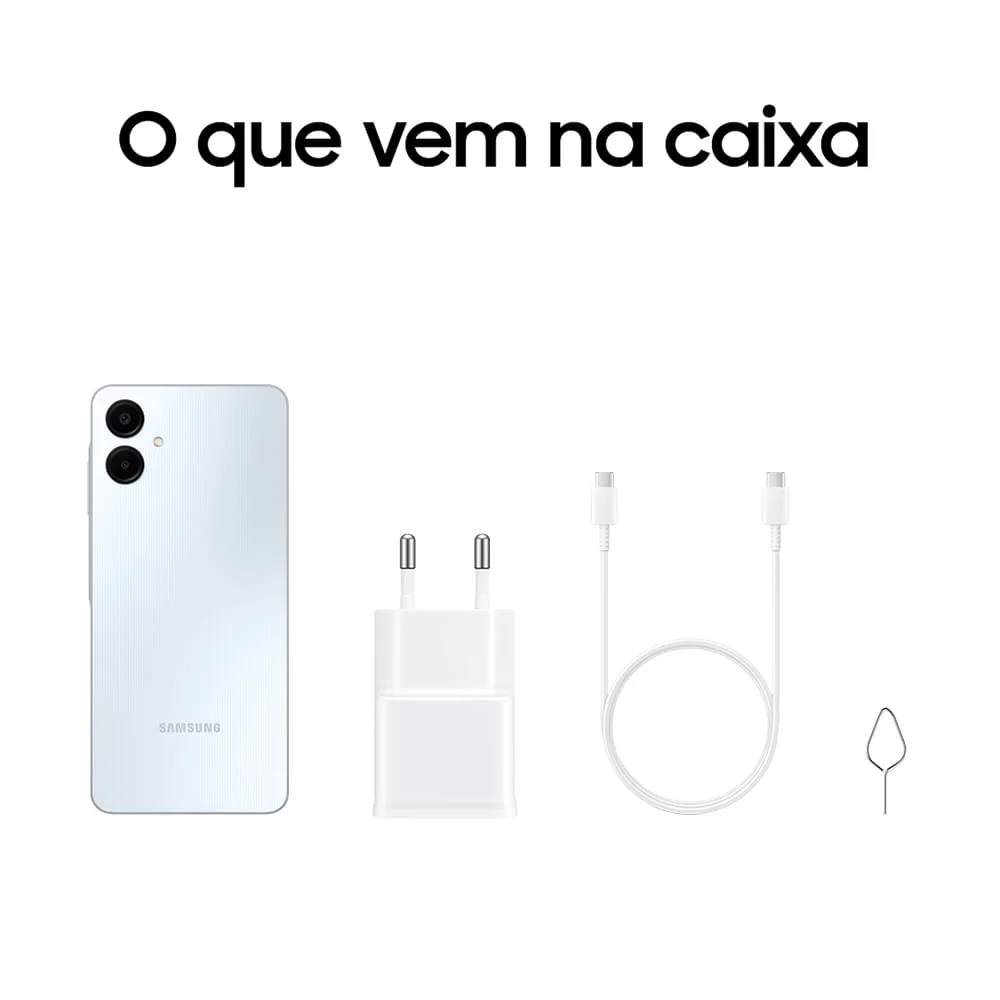 Celular Samsung Galaxy A06, 128GB, 4gb Ram, Tela 6.7”, Câm. Traseira 50+2mp, Frontal 8mp Branco