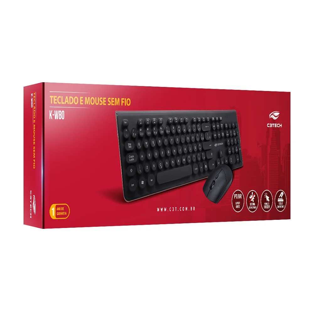Imagem 3 de 5 do produto Kit Teclado E Mouse C3tech K-w80bk Wireless Abnt2 Multimídia 1600dpi 4 Botões - Preto