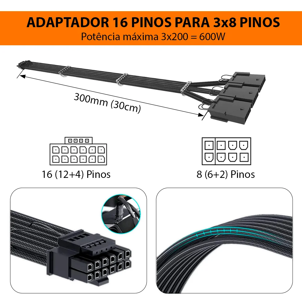 Imagem 5 de 5 do produto Cabo PCi-e 5.0 12vhpwr 16 Pinos (12+4) Adaptador para 3 X 8 Pinos (6+2) de Gpu Comum, 300mm, Preto, RTX 40, 50+ Series