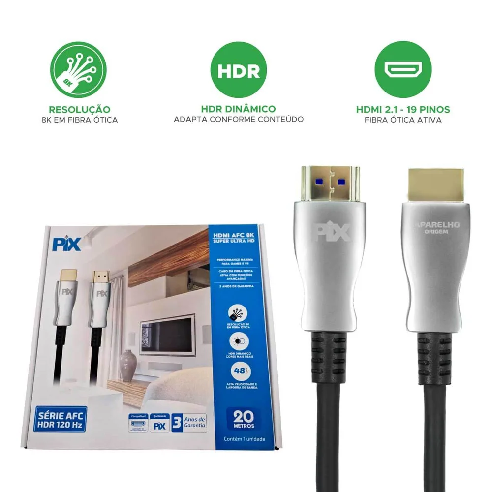 Imagem 3 de 5 do produto Cabo HDMI Fibra 2.1 Dinâmico Hdr 4k 144hz  8k 120hz 20metros