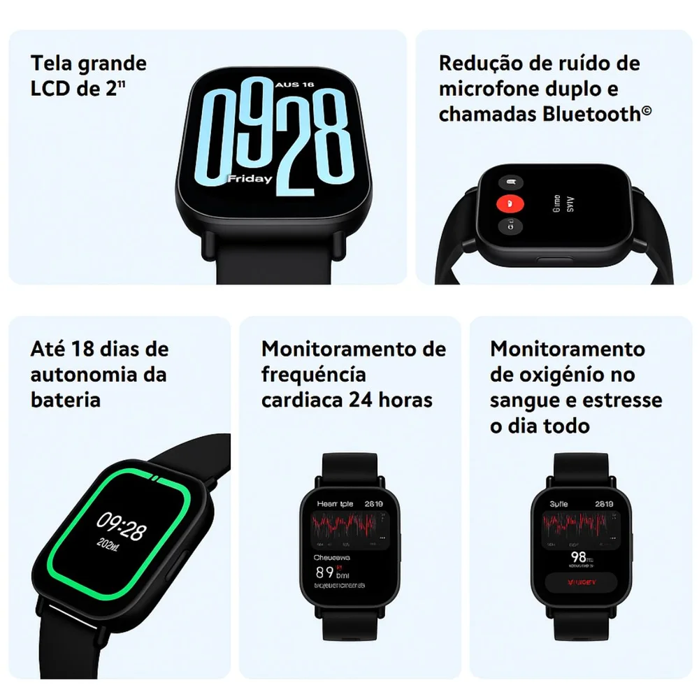 Smartwatch Redmi Watch 5 Active, Alexa, Tela LCD, 18 Dias Bateria, Chamadas Bluetooth - 5ATM Smartwatch Redmi Watch 5 Active, Alexa, Tela LCD, 18 Dias Bateria, Chamadas Bluetooth - 5ATM