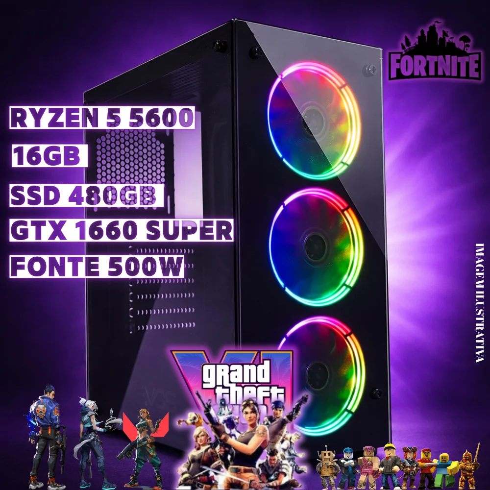 PC Gamer Balão.info Ryzen 5 5600, 16gb Ddr4, SSD 480GB, GTX 1660 Super - Gabinete Gamer 3 fans