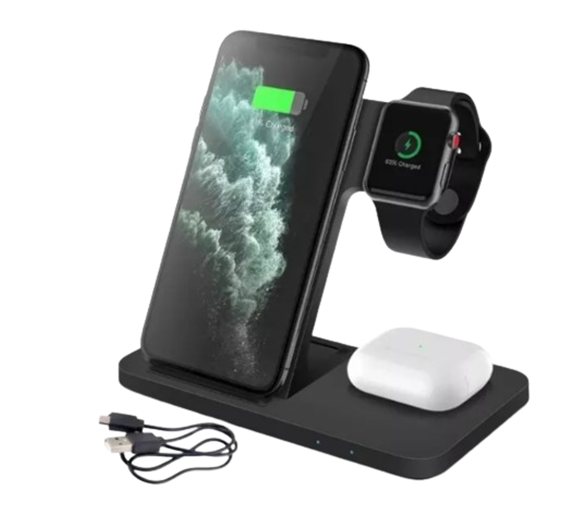 Carregador Por Indução 3 Em 1 Sem Fio Usb Wireless 15w Cor Preto