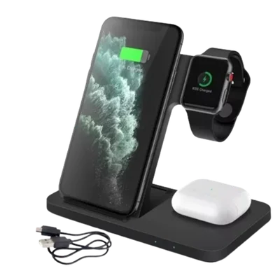 Carregador Por Indução 3 Em 1 Sem Fio Usb Wireless 15w Cor Preto