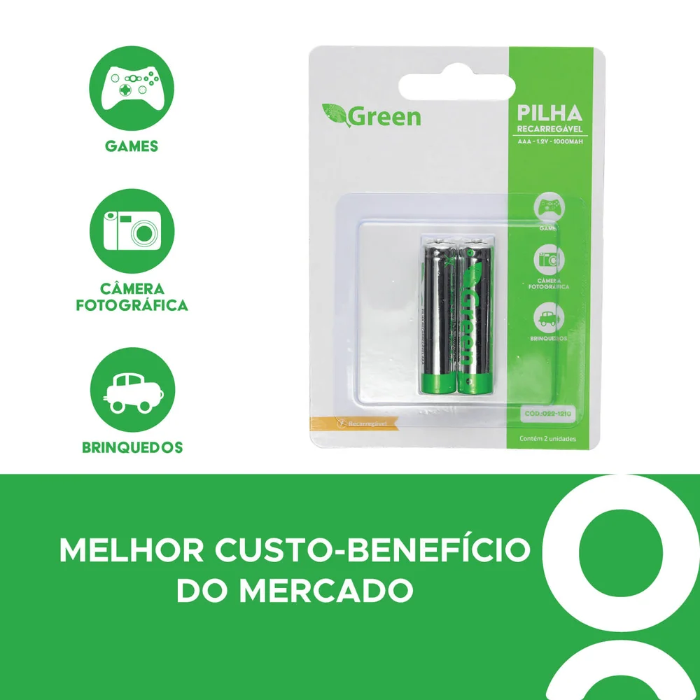 Pilha Recarregável Aaa 1000mah Green Blister C/2 Unid