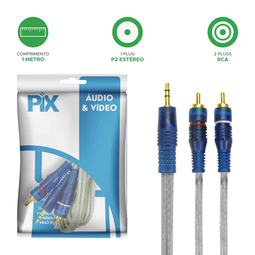 Imagem 2 de 4 do produto Cabos P2 Estéreo X 2 Rca 1 Metro Blindado Cristal Azul