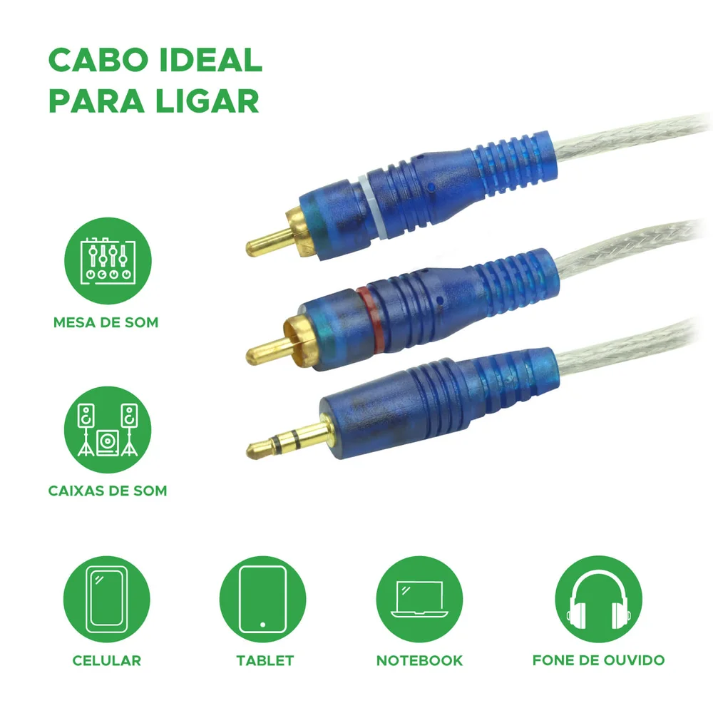 Imagem 4 de 4 do produto Cabos P2 Estéreo X 2 Rca 1 Metro Blindado Cristal Azul