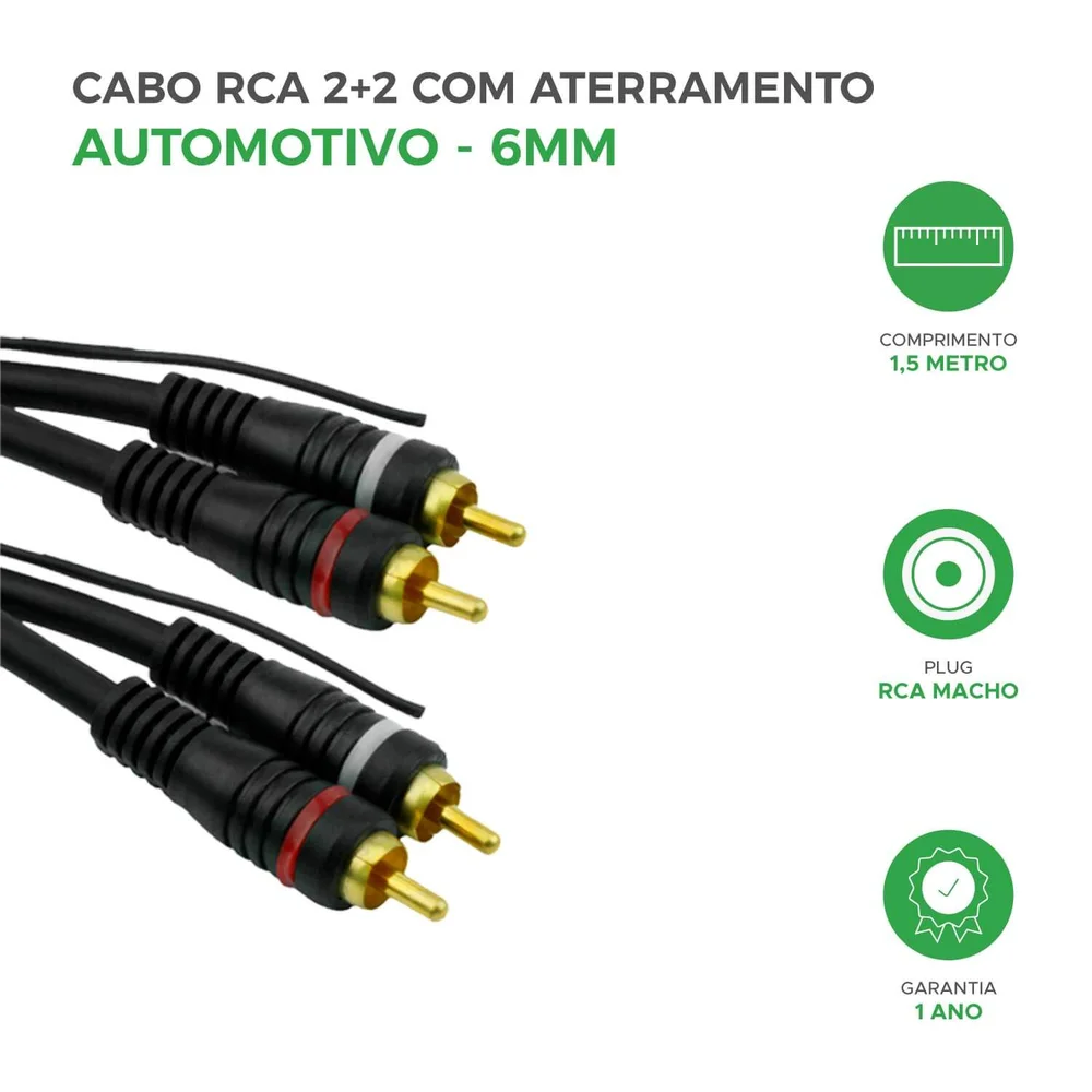 Imagem 3 de 3 do produto Cabo Rca 1,5metros 6mm Blindado Ouro Automotivo Profissional