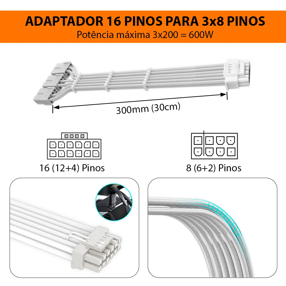 Imagem 3 de 5 do produto Cabo PCi-e 5.0 12vhpwr 16 Pinos (12+4) Adaptador para 3 X 8 Pinos (6+2) de Gpu Comum, 300mm, Branco, RTX 40, 50+ Series