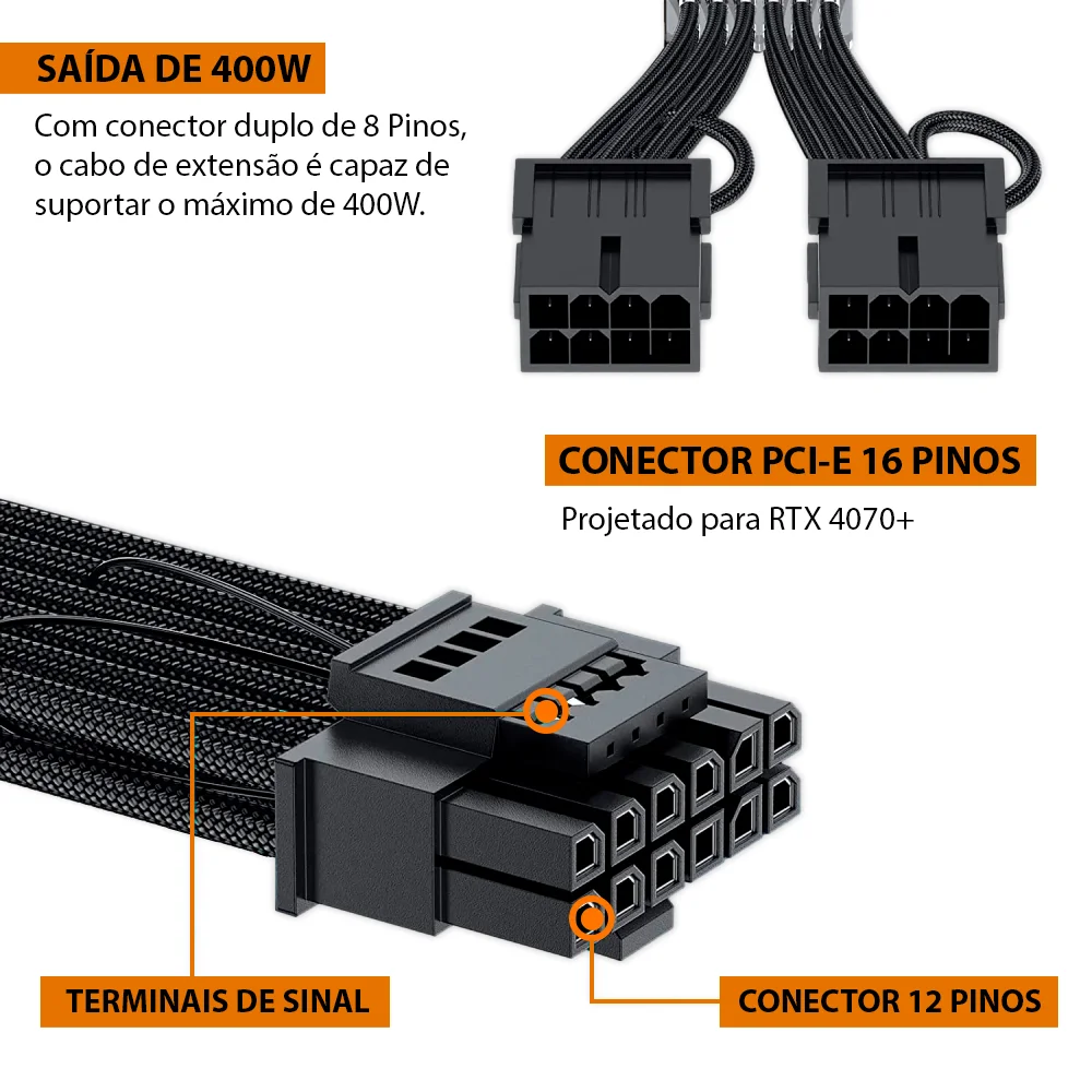 Imagem 2 de 5 do produto Cabo PCi-e 5.0 12vhpwr 16 Pinos (12+4) Adaptador para 2 X 8 Pinos (6+2) de Gpu Comum, 300mm, Preto, RTX 40, 50+ Series