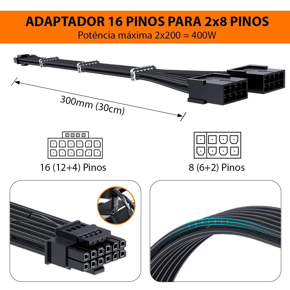 Imagem 5 de 5 do produto Cabo PCi-e 5.0 12vhpwr 16 Pinos (12+4) Adaptador para 2 X 8 Pinos (6+2) de Gpu Comum, 300mm, Preto, RTX 40, 50+ Series