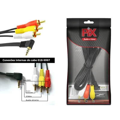 Cabo Rca Av - P3/p2 Estéreo 90 Graus+ 3 Rca Macho Ponta Ouro
