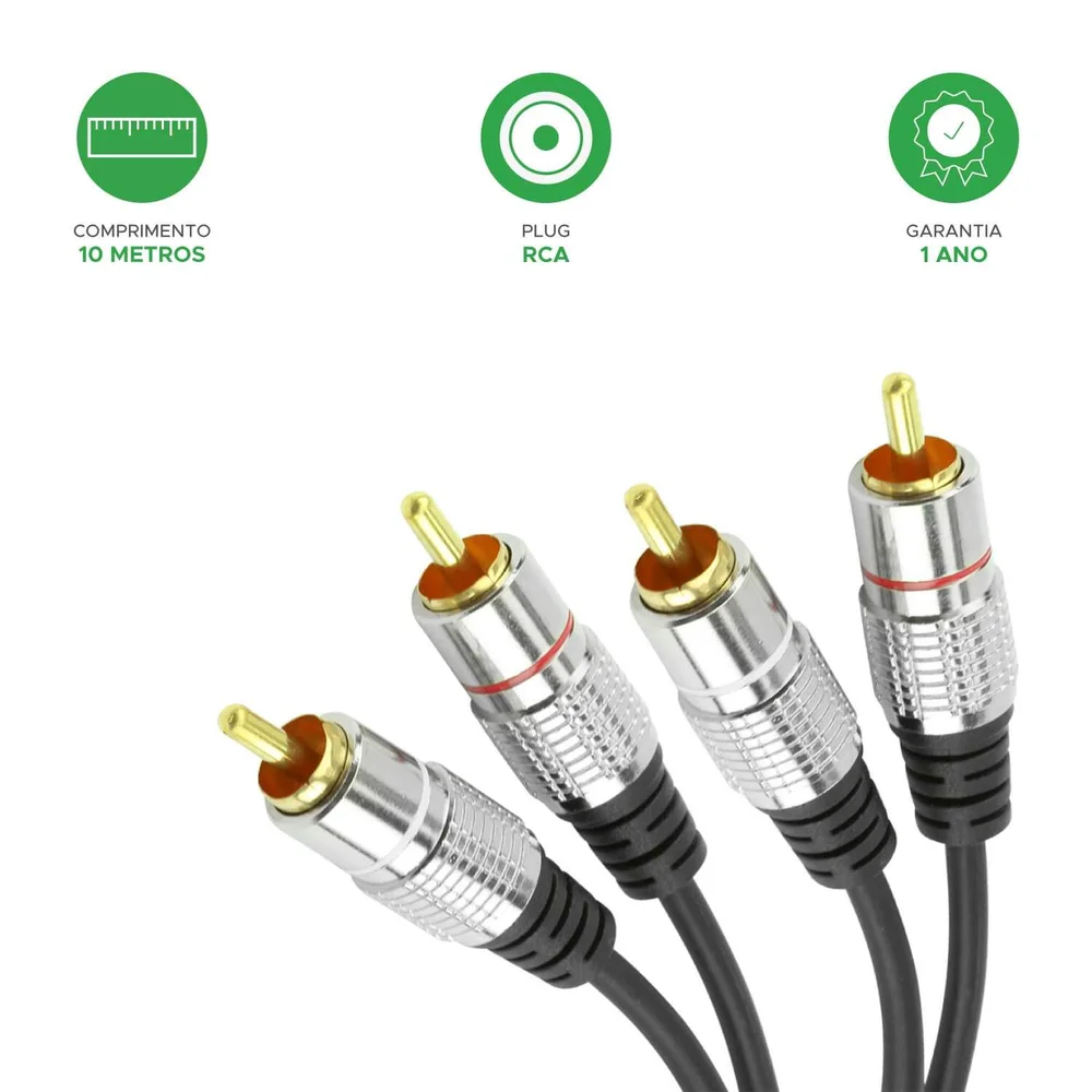Imagem 2 de 3 do produto Cabo Rca 10 Metros Dupla Blindagem Cobre 2+2 Rca - Blindado